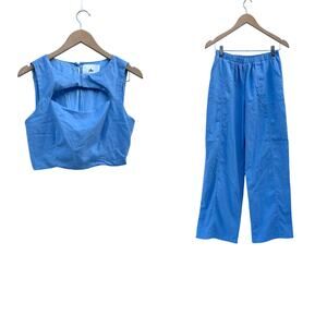 Yellow The Label Yllw Set Wide Leg Pants Crop Blue Vacation Co-Ord Medium Small